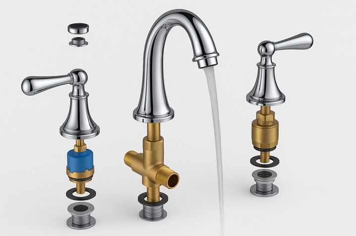 Exploded view of a chrome three hole bathroom faucet showing brass body, cartridges, and aerator